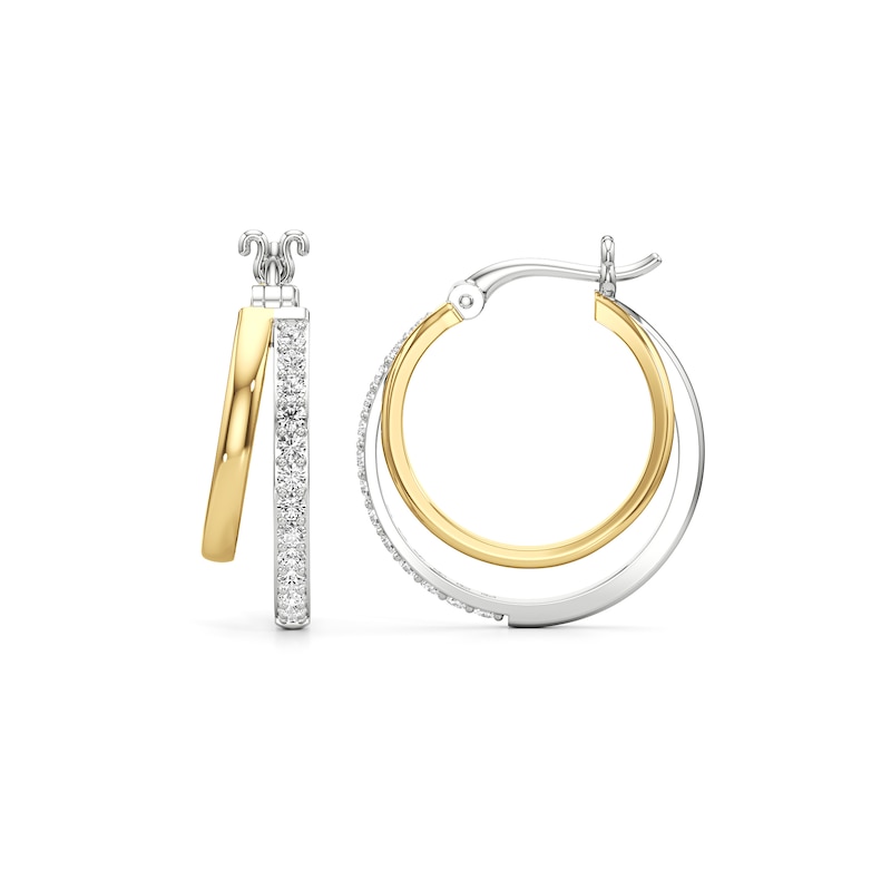 Main Image 3 of White Lab-Created Sapphire Double Row Split Hoop Earrings in Sterling Silver and 24K Gold Plate
