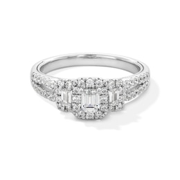 3/4 CT. T.W. Emerald and Baguette-Cut Diamond Frame Three Stone Split Shank Engagement Ring in 14K White Gold - Size 7