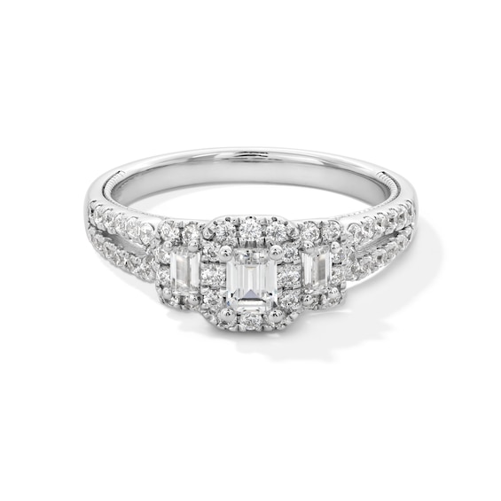 3/4 CT. T.w. Emerald and Baguette-Cut Diamond Frame Three Stone Split Shank Engagement Ring in 14K White Gold - Size 7