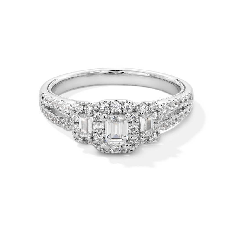 Main Image 1 of 3/4 CT. T.W. Emerald and Baguette-Cut Diamond Frame Three Stone Split Shank Engagement Ring in 14K White Gold - Size 7