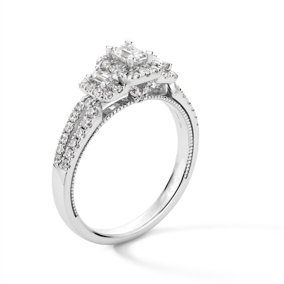 3/4 CT. T.w. Emerald and Baguette-Cut Diamond Frame Three Stone Split Shank Engagement Ring in 14K White Gold - Size 7