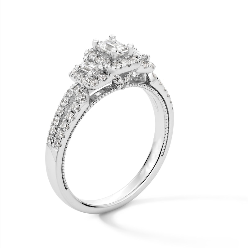 Main Image 3 of 3/4 CT. T.W. Emerald and Baguette-Cut Diamond Frame Three Stone Split Shank Engagement Ring in 14K White Gold - Size 7