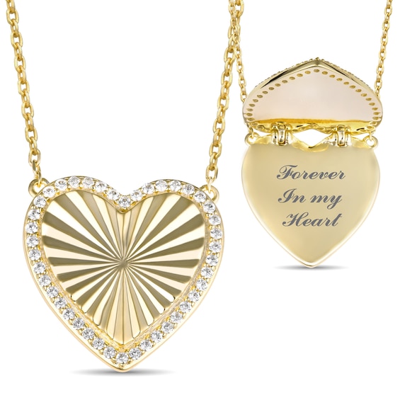 White Lab-Created Sapphire Frame Engravable Hidden Message Sunburst Heart Necklace (3 Lines)