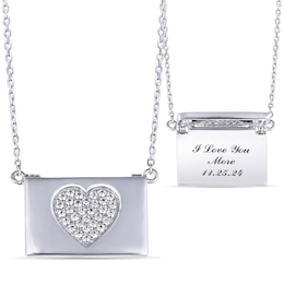 White Lab-Created Sapphire Heart Engravable Hidden Message Envelope Necklace (3 Lines)