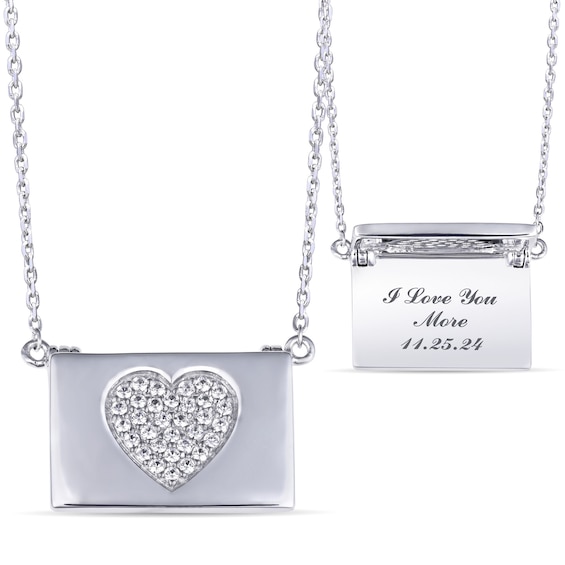 White Lab-Created Sapphire Heart Engravable Hidden Message Envelope Necklace (3 Lines)