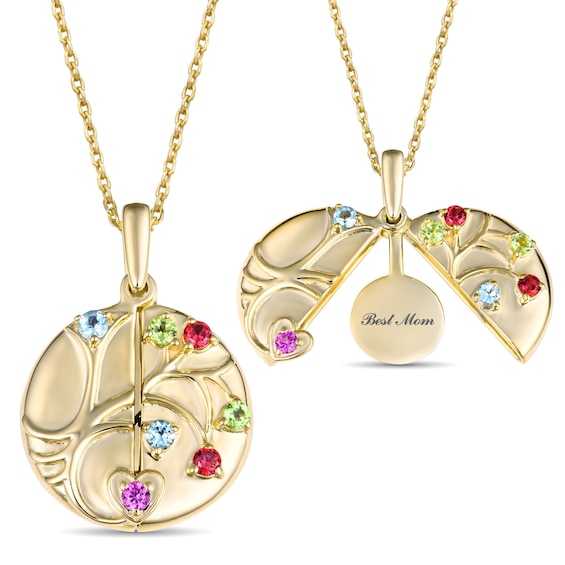 Birthstone Engravable Hidden Message Family Tree Medallion Pendant (2 Lines)