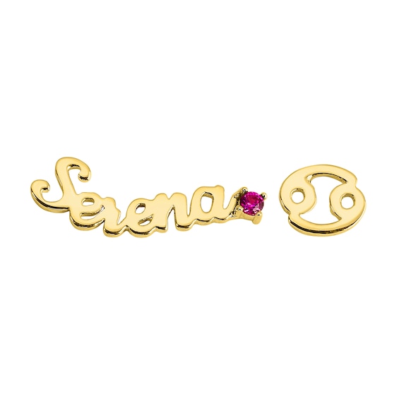 Crystal Birthstone with Script Name and Zodiac Sign Mismatch Earrings in Sterling Silver (1 Stone, Line and Sign)