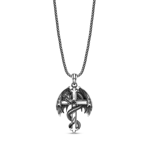 Black Spinel Oxidized Dragon Cross Pendant in Sterling Silver - 24"