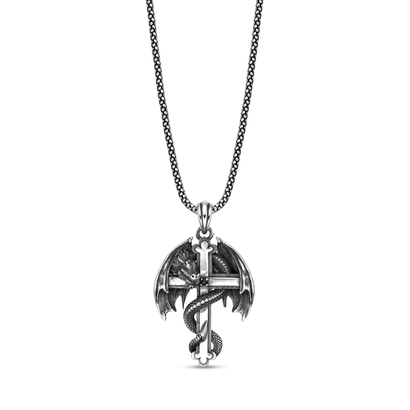 Main Image 1 of Black Spinel Oxidized Dragon Cross Pendant in Sterling Silver - 24"
