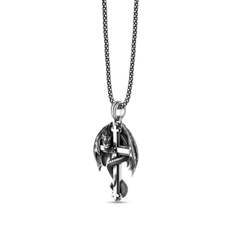 Main Image 2 of Black Spinel Oxidized Dragon Cross Pendant in Sterling Silver - 24"