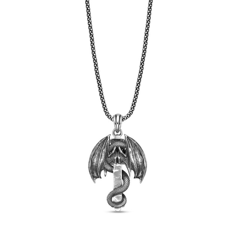 Main Image 3 of Black Spinel Oxidized Dragon Cross Pendant in Sterling Silver - 24"