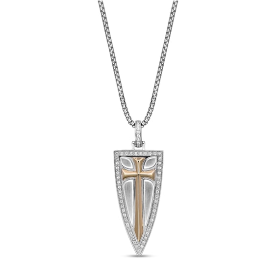 1/4 CT. T.w. Diamond Oxidized Cross Shield Pendant in Sterling Silver and 14K Gold Plate - 24"