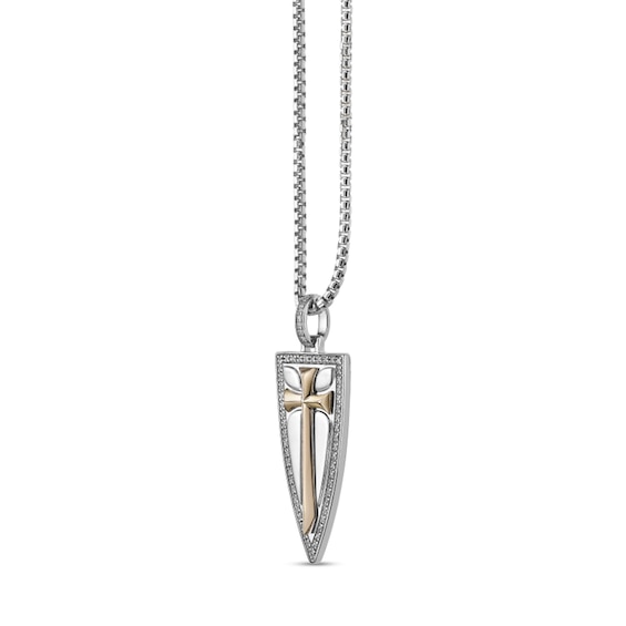 1/4 CT. T.w. Diamond Oxidized Cross Shield Pendant in Sterling Silver and 14K Gold Plate - 24"