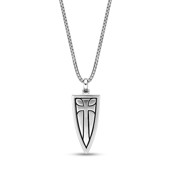 1/4 CT. T.w. Diamond Oxidized Cross Shield Pendant in Sterling Silver and 14K Gold Plate - 24"