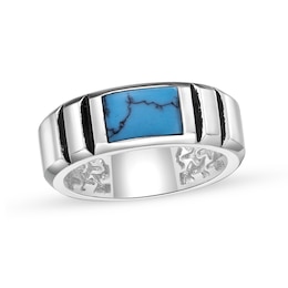 Rectangular Turquoise Solitaire Inlay Ribbed Shank Ring in Sterling Silver