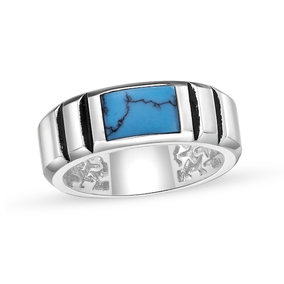 Rectangular Turquoise Solitaire Inlay Ribbed Shank Ring in Sterling Silver