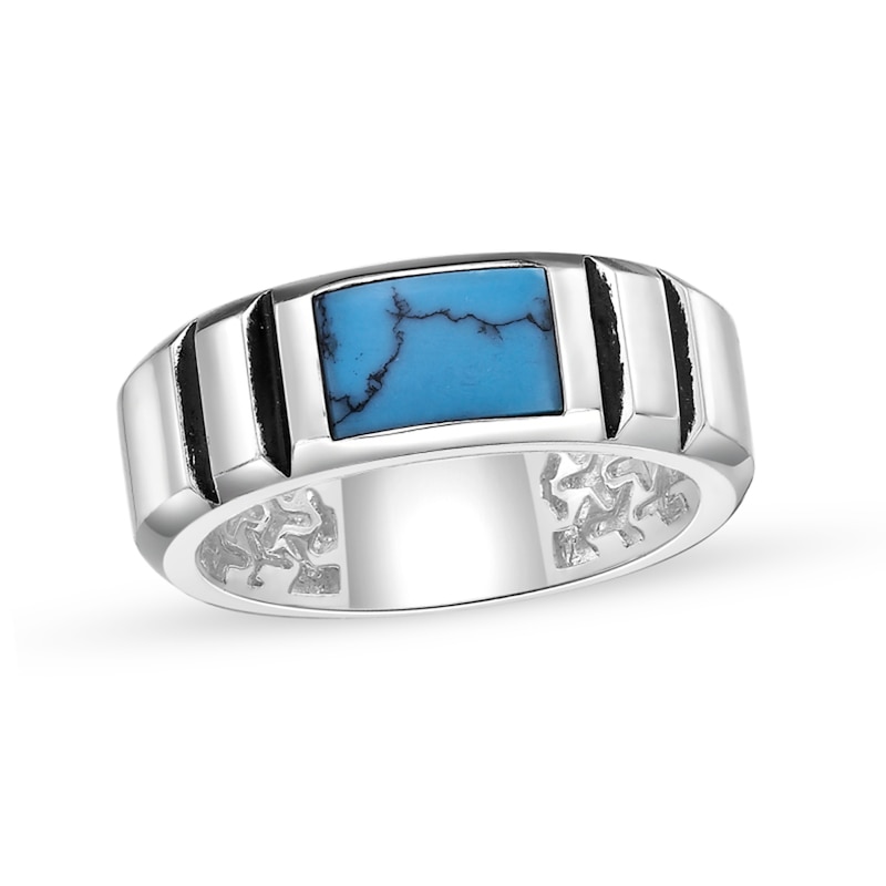 Main Image 1 of Rectangular Turquoise Solitaire Inlay Ribbed Shank Ring in Sterling Silver