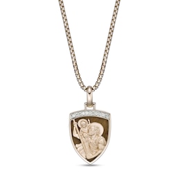 Tiger's Eye and 1/10 CT. T.W. Diamond Saint Christopher Shield Pendant in Sterling Silver with 14K Gold Plate - 24"