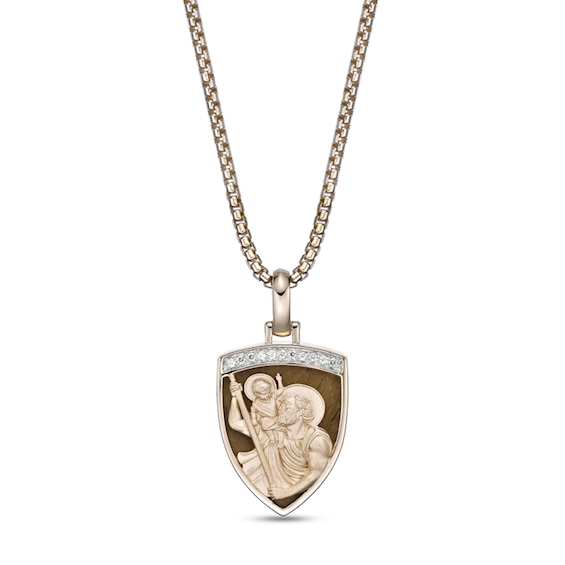 Tiger's Eye and 1/10 CT. T.w. Diamond Saint Christopher Shield Pendant in Sterling Silver with 14K Gold Plate - 24"
