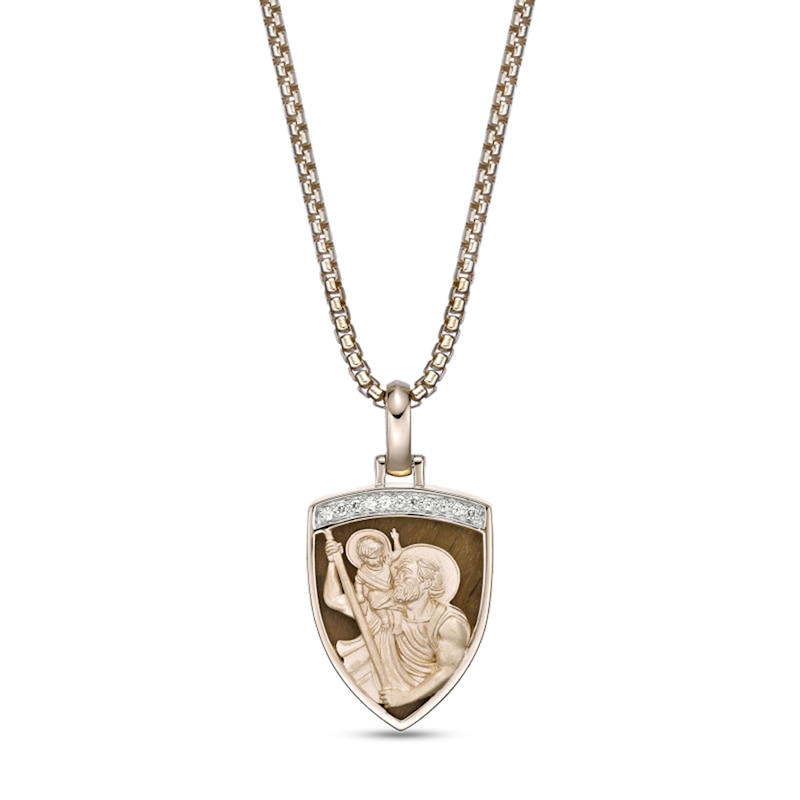 Main Image 1 of Tiger's Eye and 1/10 CT. T.W. Diamond Saint Christopher Shield Pendant in Sterling Silver with 14K Gold Plate - 24"