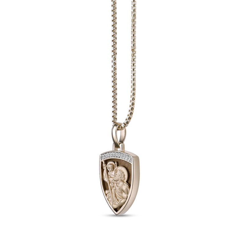 Main Image 2 of Tiger's Eye and 1/10 CT. T.W. Diamond Saint Christopher Shield Pendant in Sterling Silver with 14K Gold Plate - 24"