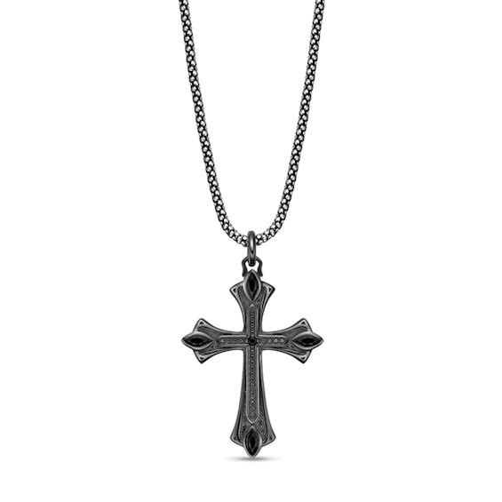 Marquise and Round Black Spinel Gothic-Style Cross Pendant in Sterling Silver and Black Rhodium Plate - 24"