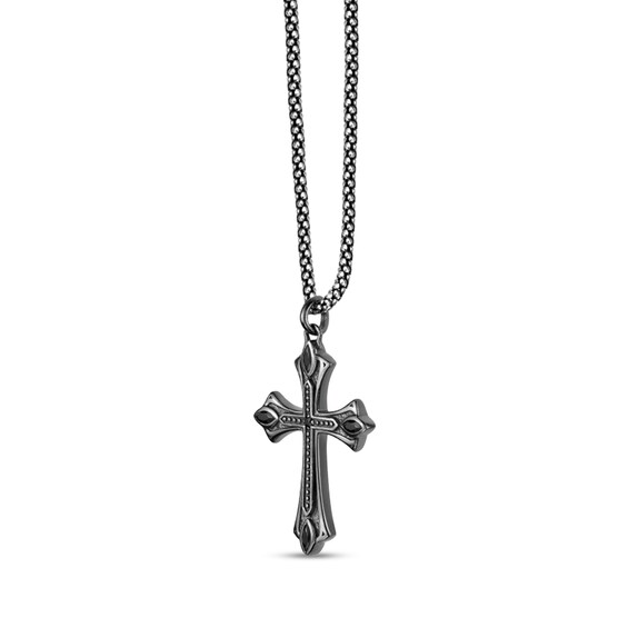 Marquise and Round Black Spinel Gothic-Style Cross Pendant in Sterling Silver and Black Rhodium Plate - 24"