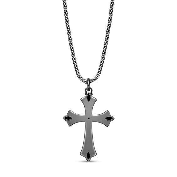 Marquise and Round Black Spinel Gothic-Style Cross Pendant in Sterling Silver and Black Rhodium Plate - 24"