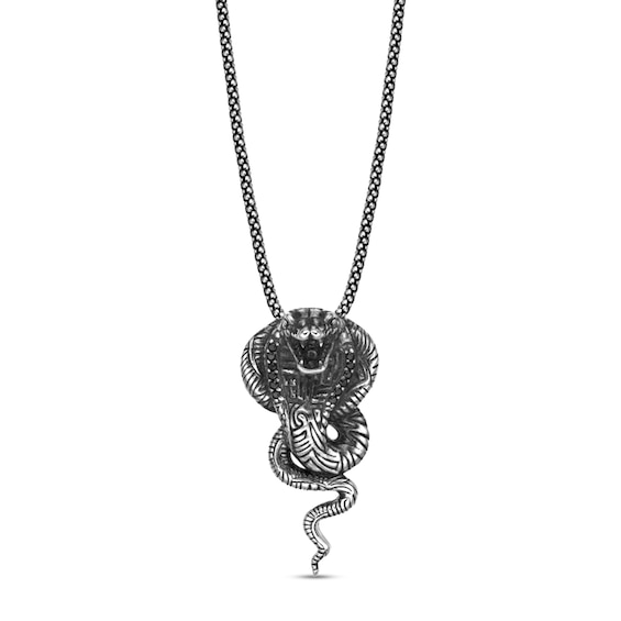 Black Spinel Oxidized Cobra Pendant in Sterling Silver - 24"
