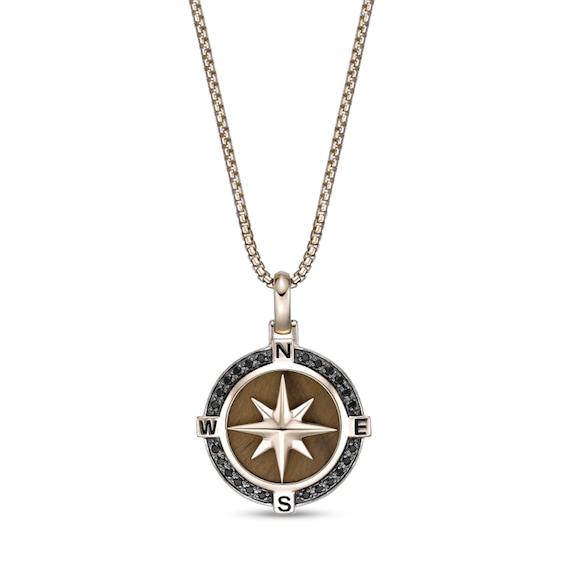Tiger's Eye and 1/3 CT. T.w. Black Diamond Compass Pendant in Sterling Silver with 14K Gold Plate - 24"