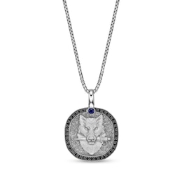 Blue Sapphire and 1/4 CT. T.W. Black Diamond Wolf Head Cushion Pendant in Sterling Silver - 24"