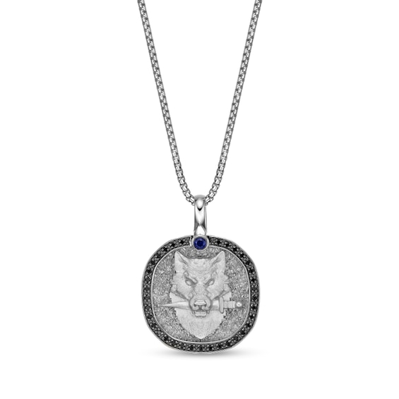 Blue Sapphire and 1/4 CT. T.w. Black Diamond Wolf Head Cushion Pendant in Sterling Silver - 24"