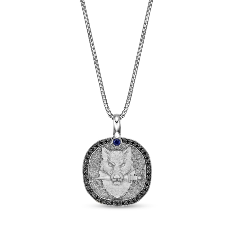 Main Image 1 of Blue Sapphire and 1/4 CT. T.W. Black Diamond Wolf Head Cushion Pendant in Sterling Silver - 24"