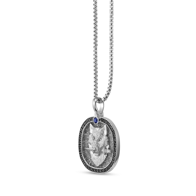 Main Image 2 of Blue Sapphire and 1/4 CT. T.W. Black Diamond Wolf Head Cushion Pendant in Sterling Silver - 24"