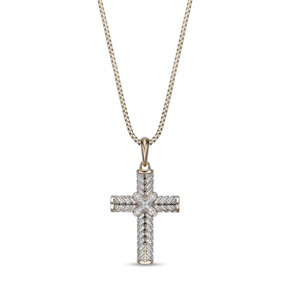 1/2 CT. T.w. Diamond Chevron Pattern Cross Pendant in Sterling Silver with 14K Gold Plate - 24"