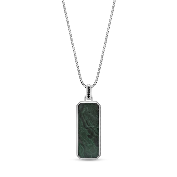 Octagon Green Malachite and Black Spinel Dog Tag Pendant in Sterling Silver - 24"