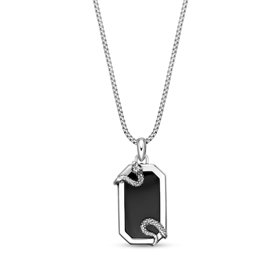Elongated Octagon Onyx Snake Frame Dog Tag Pendant in Sterling Silver - 24"