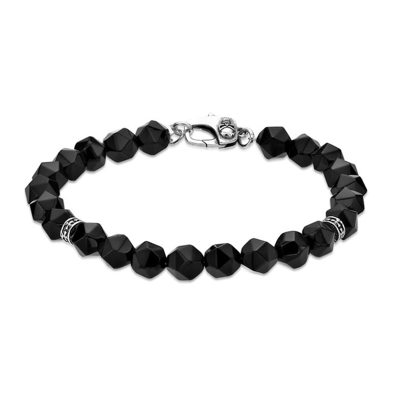Main Image 1 of 8.0mm Faceted Black Agate Bead Bracelet in Sterling Silver - 9.45”