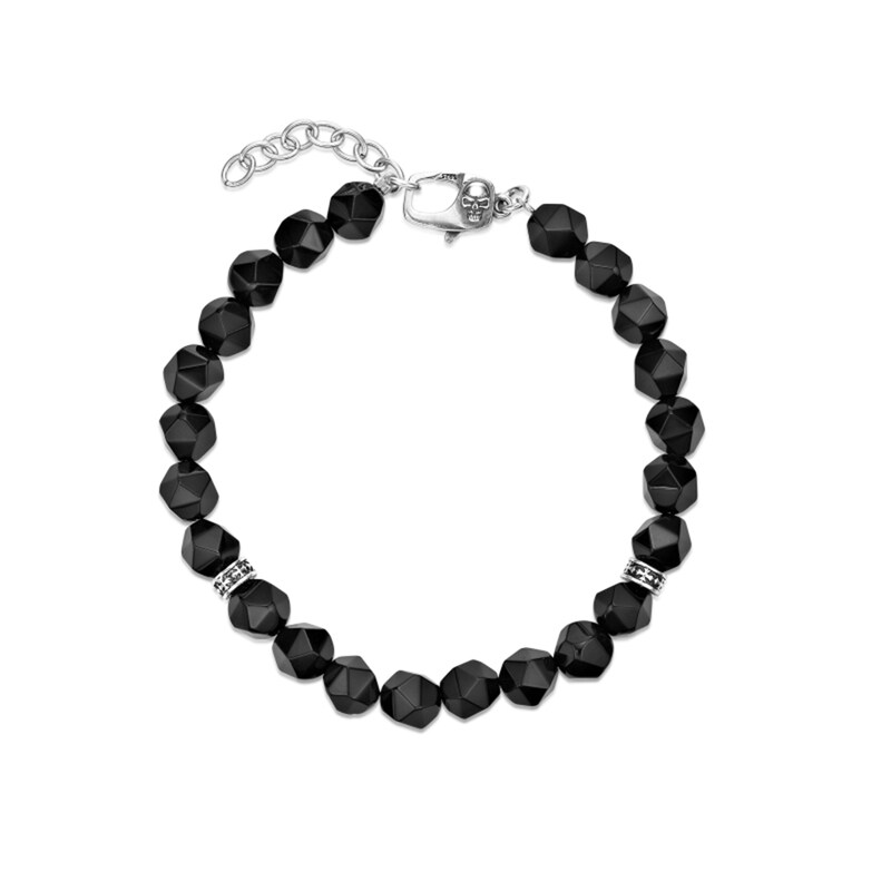Main Image 2 of 8.0mm Faceted Black Agate Bead Bracelet in Sterling Silver - 9.45”