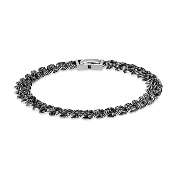 8.0mm Oxidized Textured Pattern Curb Chain Bracelet in Solid Sterling Silver and Black Rhodium Plate - 8.25â