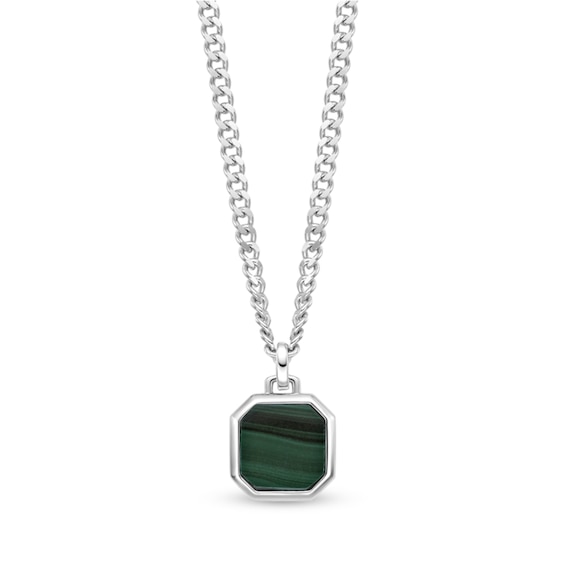 Octagon Green Malachite Pendant in Sterling Silver - 24"