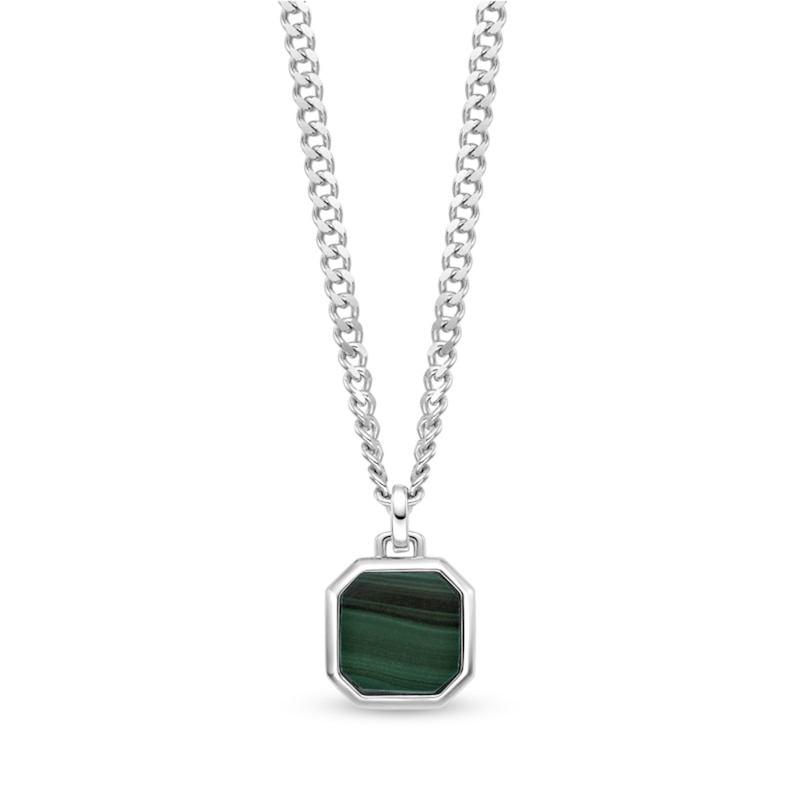 Main Image 1 of Octagon Green Malachite Pendant in Sterling Silver - 24"