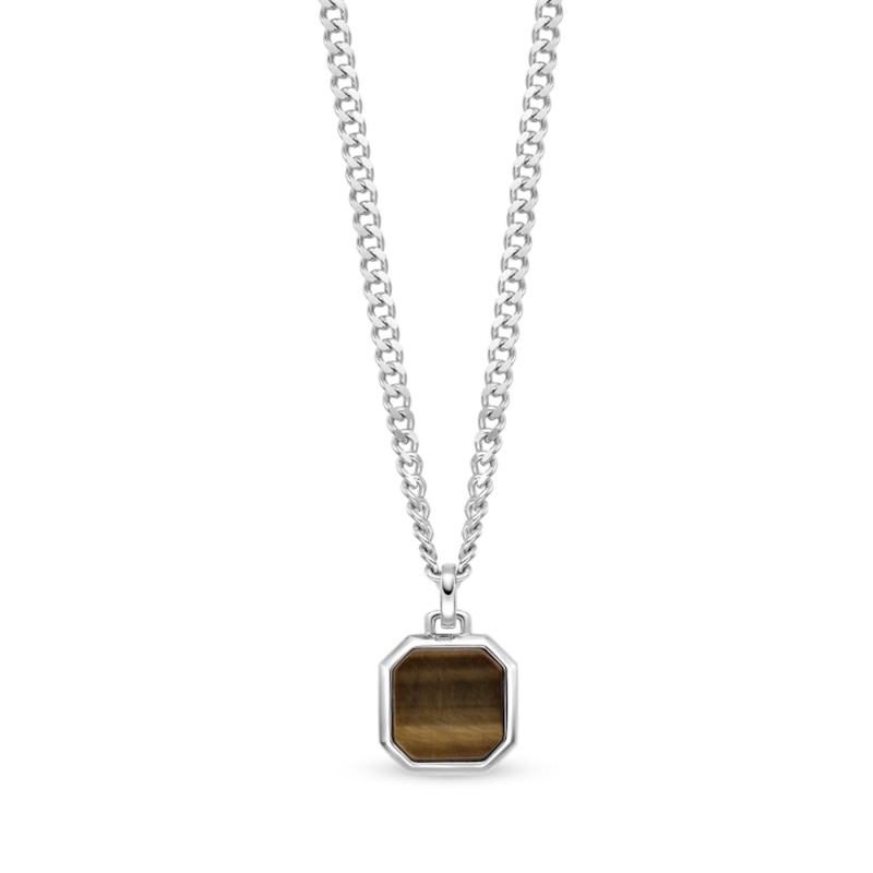 Main Image 1 of Octagon Tiger's Eye Pendant in Sterling Silver - 24"