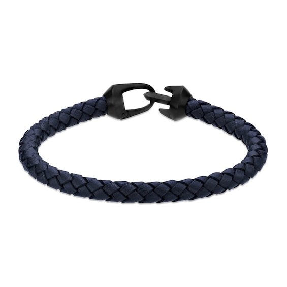 6.0mm Blue Leather Bracelet with Black Ion-Plated Stainless Steel - 8.5"