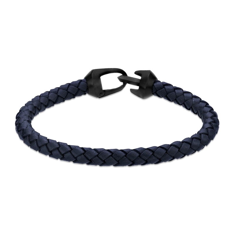 Main Image 1 of 6.0mm Blue Leather Bracelet with Black Ion-Plated Stainless Steel - 8.5"
