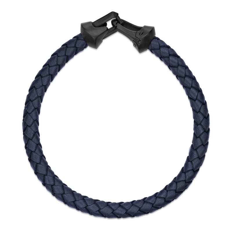 Main Image 2 of 6.0mm Blue Leather Bracelet with Black Ion-Plated Stainless Steel - 8.5"