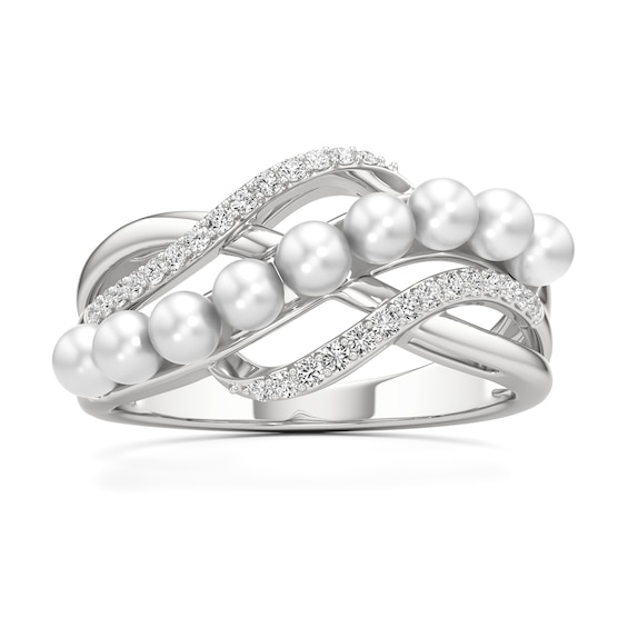 3.0mm Freshwater Cultured Pearl and White Lab-Created Sapphire Swirl Ring in Sterling Silver