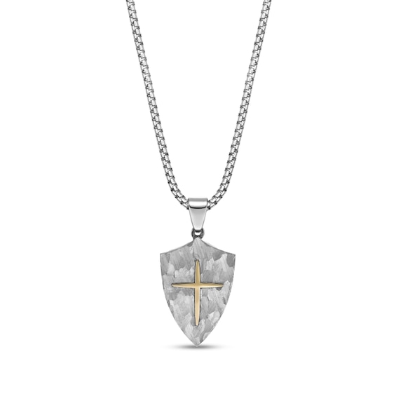 Hammered Cross Shield Pendant in Stainless Steel and Yellow Ion Plate - 24"