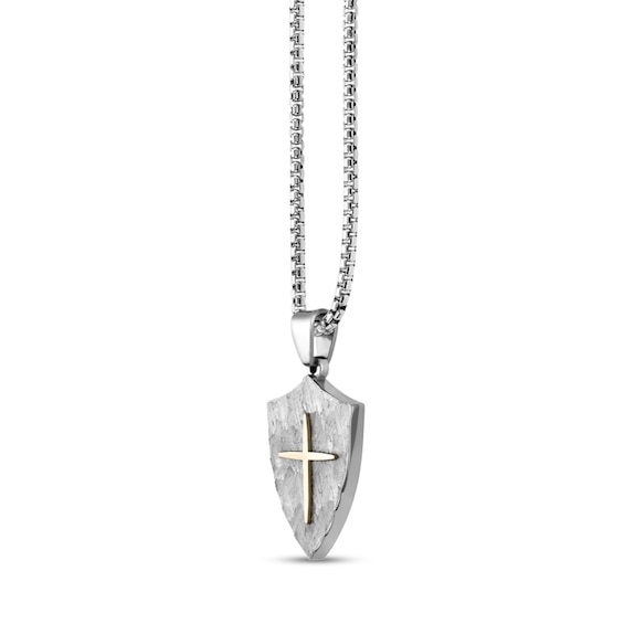 Hammered Cross Shield Pendant in Stainless Steel and Yellow Ion Plate - 24"
