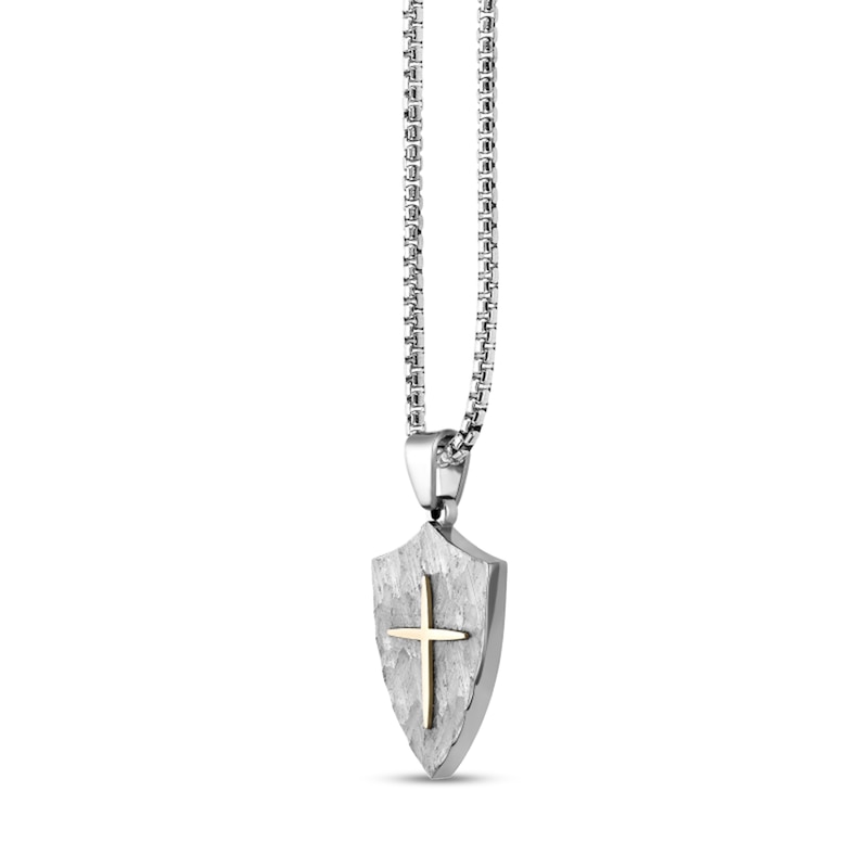 Main Image 2 of Hammered Cross Shield Pendant in Stainless Steel and Yellow Ion Plate - 24"